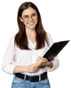 portrait-corporate-woman-holding-clipboard-work-standing-formal-outfit-white-background